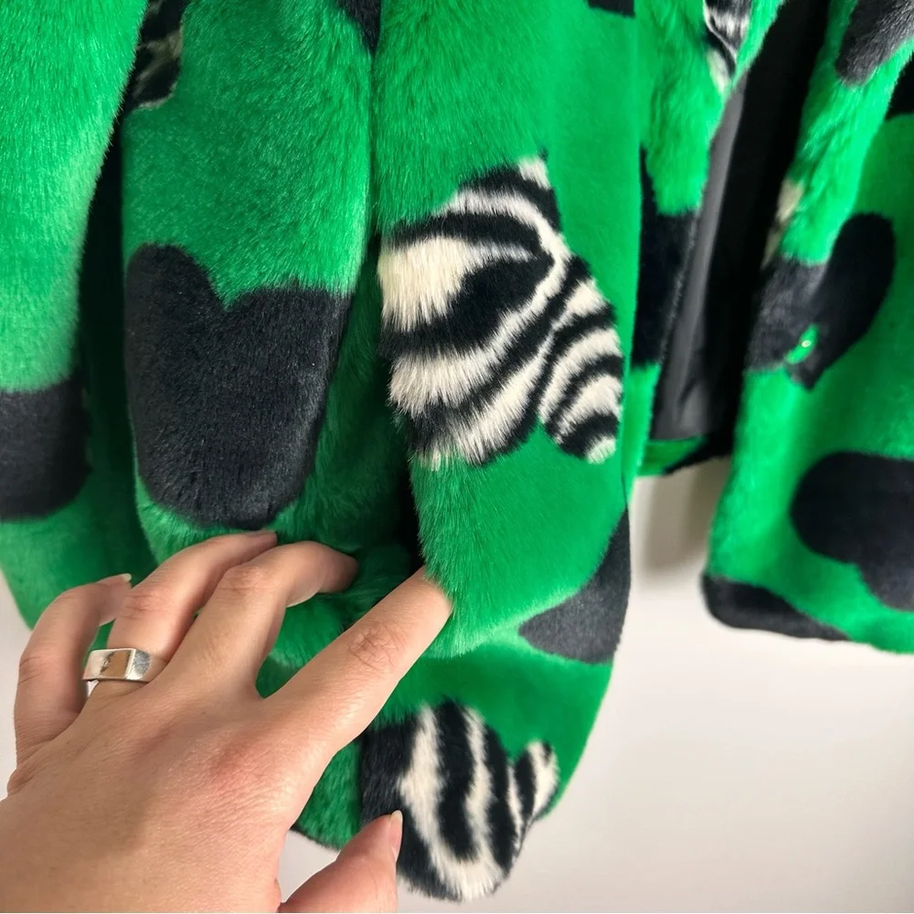 Maeve by Anthropologie Faux Fur Coat Green Black Multi Hearts Sz Medium NWT - Picture 12 of 16